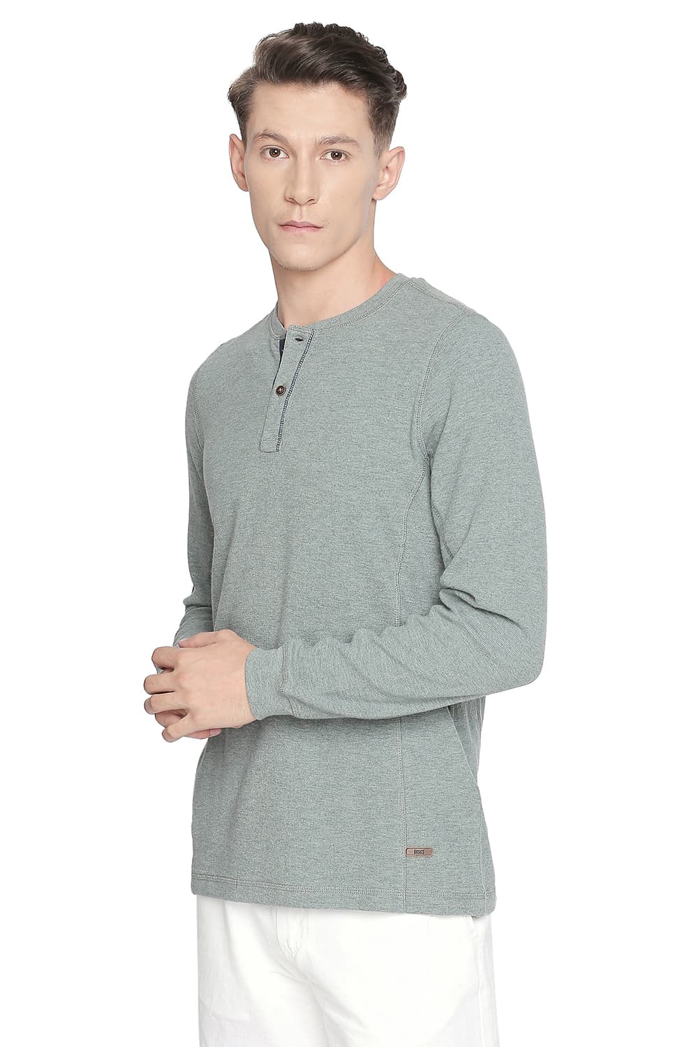 BASICS MUSCLE FIT HENLEY LONG SLEEVE T SHIRT