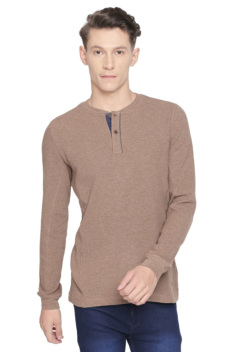 BASICS MUSCLE FIT HENLEY LONG SLEEVE T SHIRT