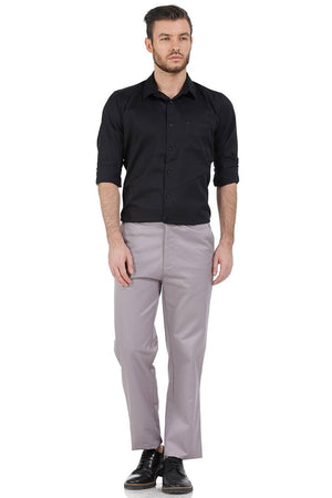 Basics Comfort Fit Grey Satin Weave Poly Cotton Trousers for Men