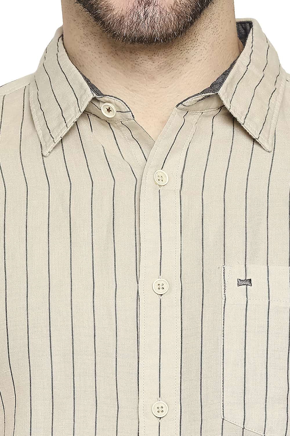 BASICS SLIM FIT COTTON LINEN STRIPE SHIRT