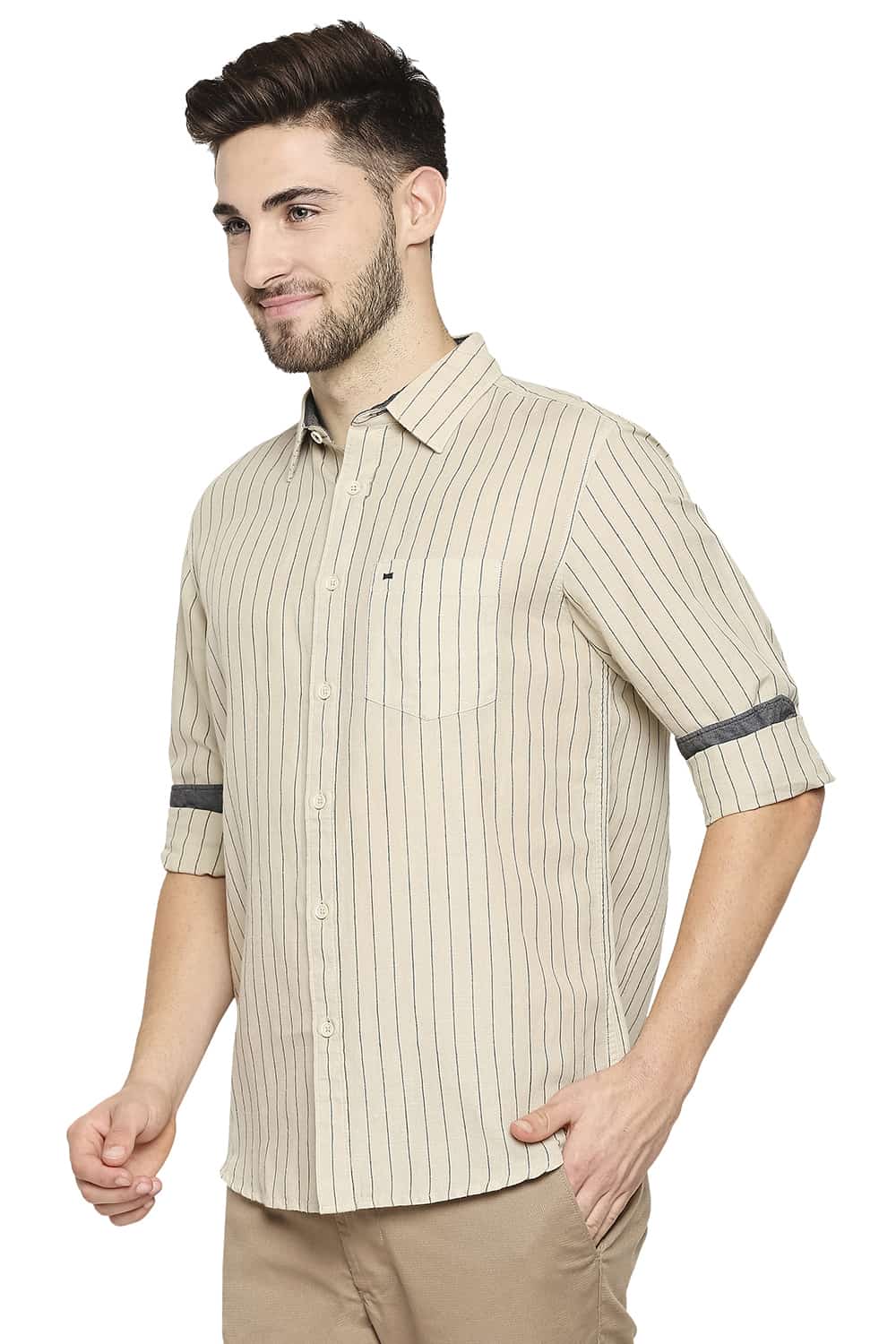 BASICS SLIM FIT COTTON LINEN STRIPE SHIRT