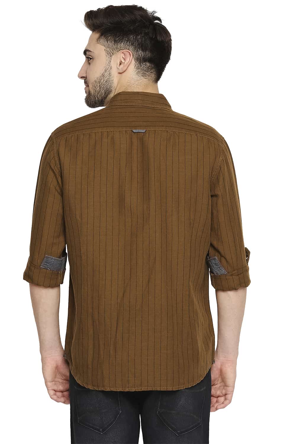 BASICS SLIM FIT COTTON LINEN STRIPE SHIRT