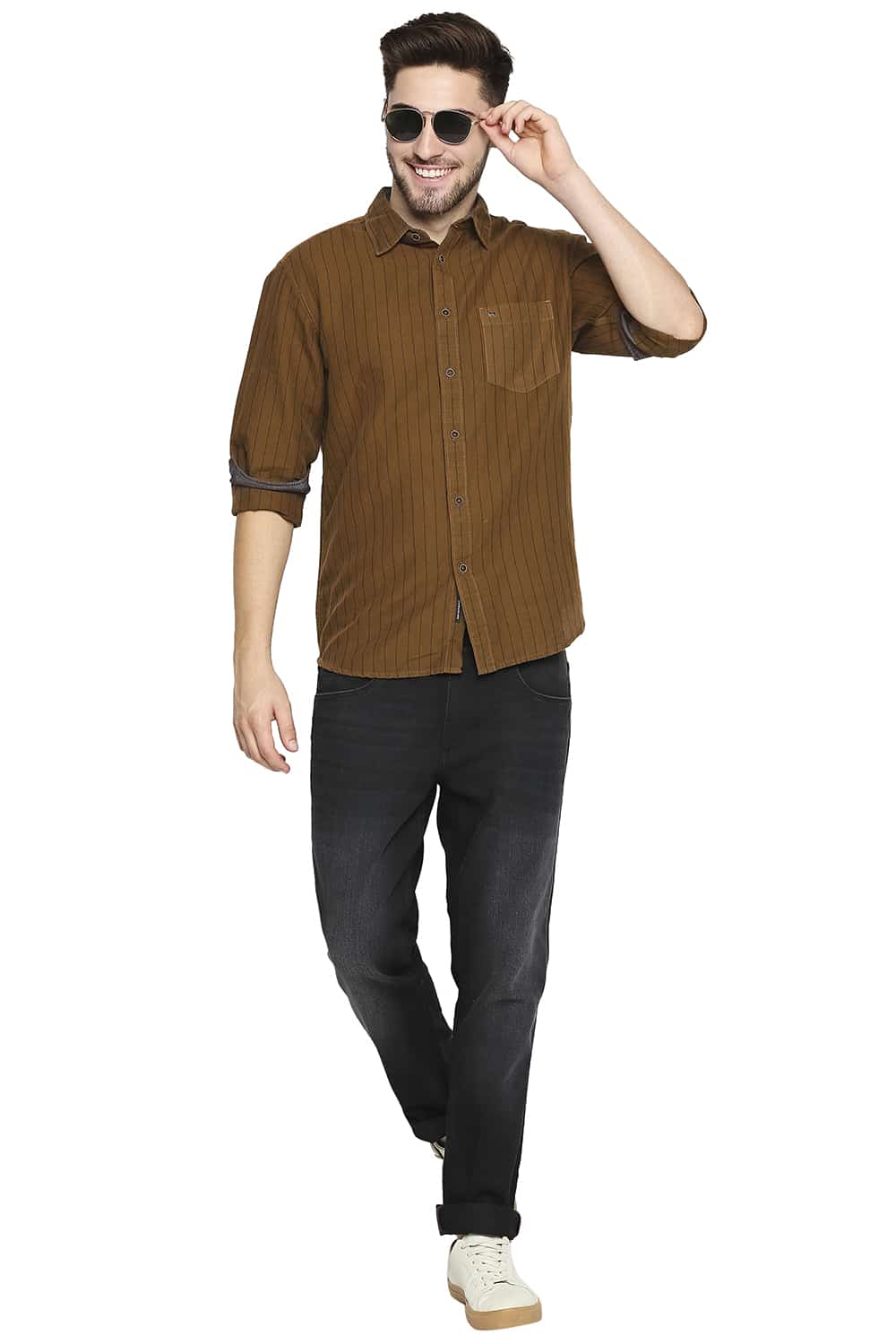 BASICS SLIM FIT COTTON LINEN STRIPE SHIRT