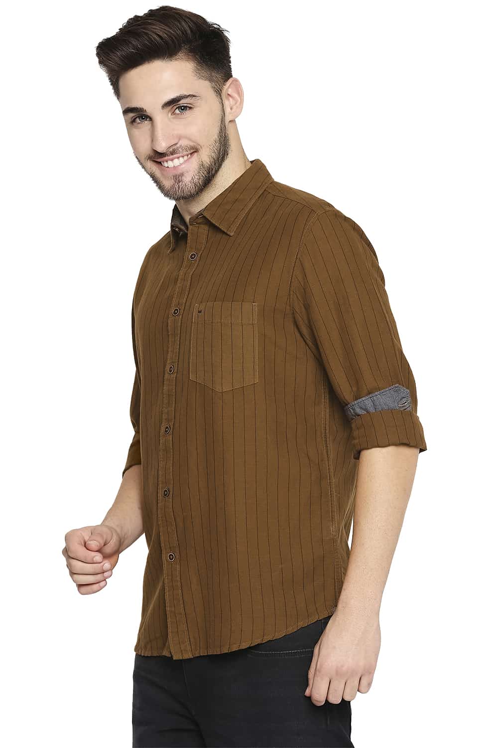 BASICS SLIM FIT COTTON LINEN STRIPE SHIRT