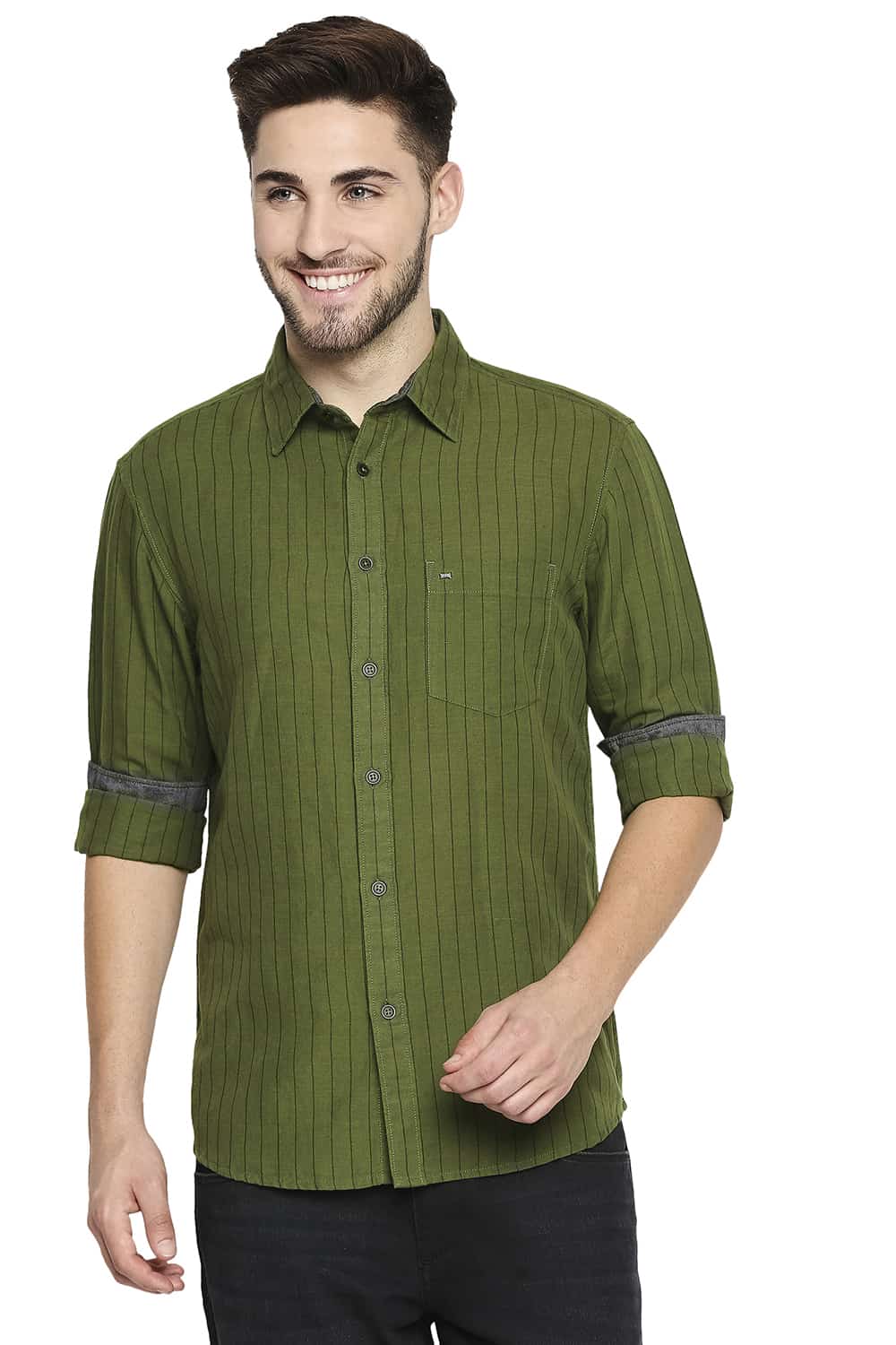 BASICS SLIM FIT COTTON LINEN STRIPE SHIRT