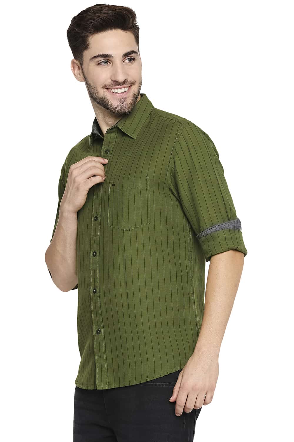 BASICS SLIM FIT COTTON LINEN STRIPE SHIRT