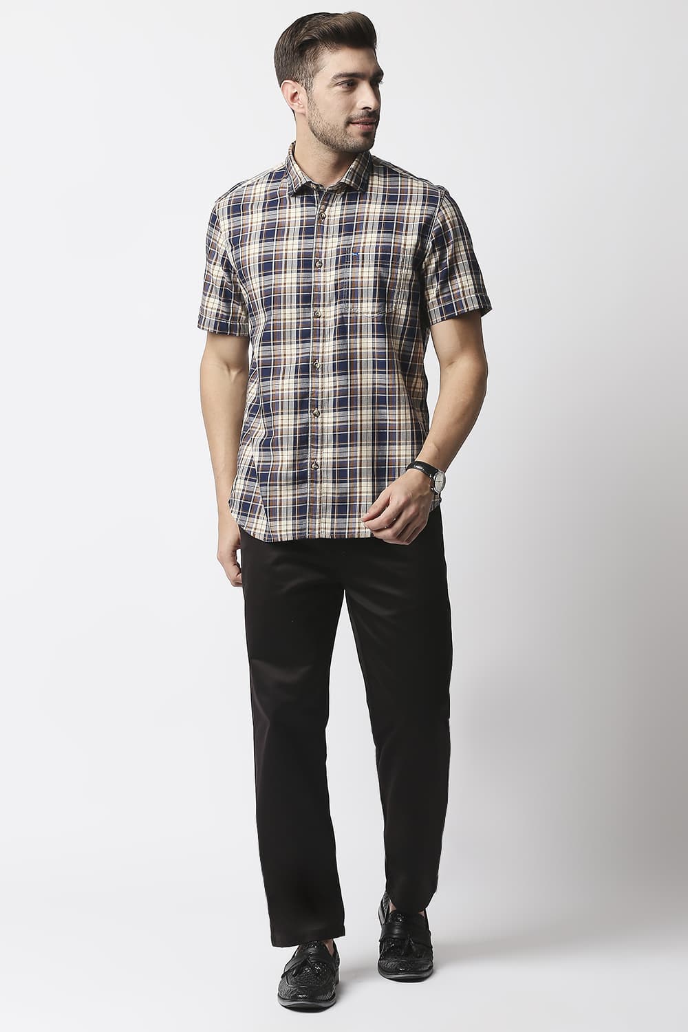Slim Fit Twill Checks Halfsleeves Shirt