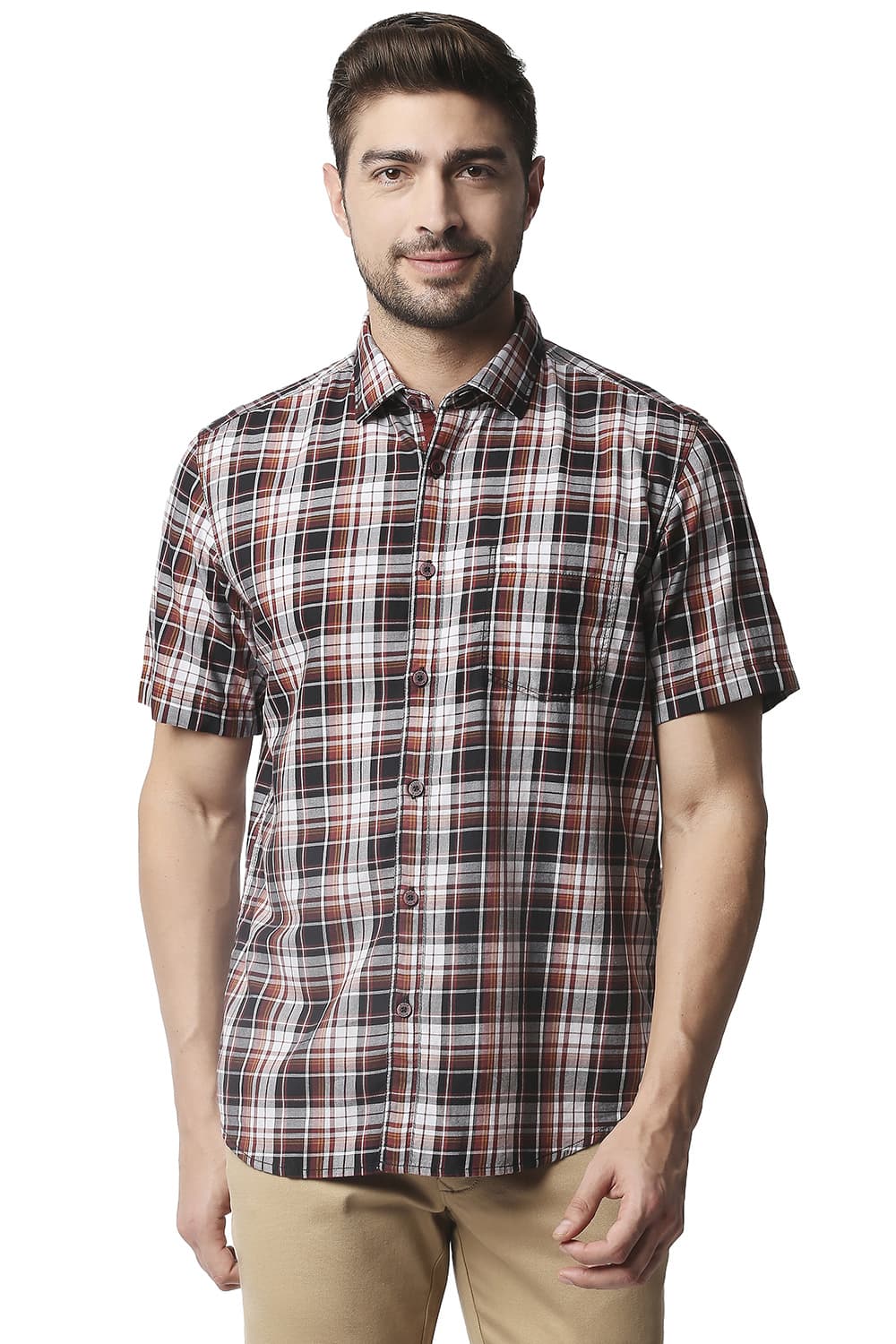 BASICS SLIM FIT TWILL CHECKS HALFSLEEVES SHIRT HALFSLEEVES SHIRT