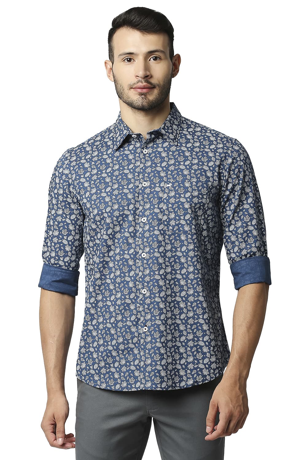BASICS SLIM FIT COTTON SLUB PRINTED SHIRT