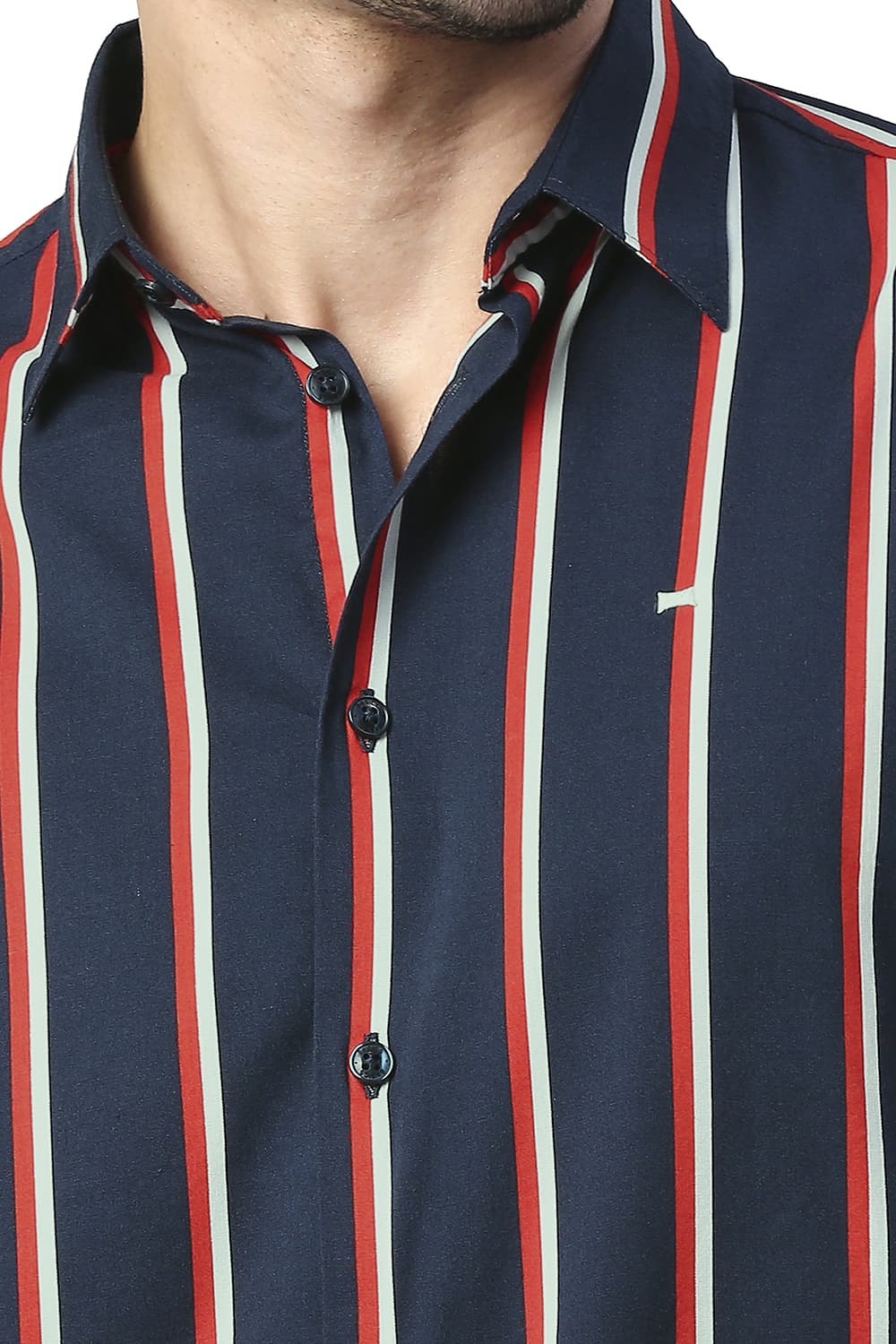 BASICS SLIM FIT COTTON VISCOSE PRINTED STRIPE SHIRT