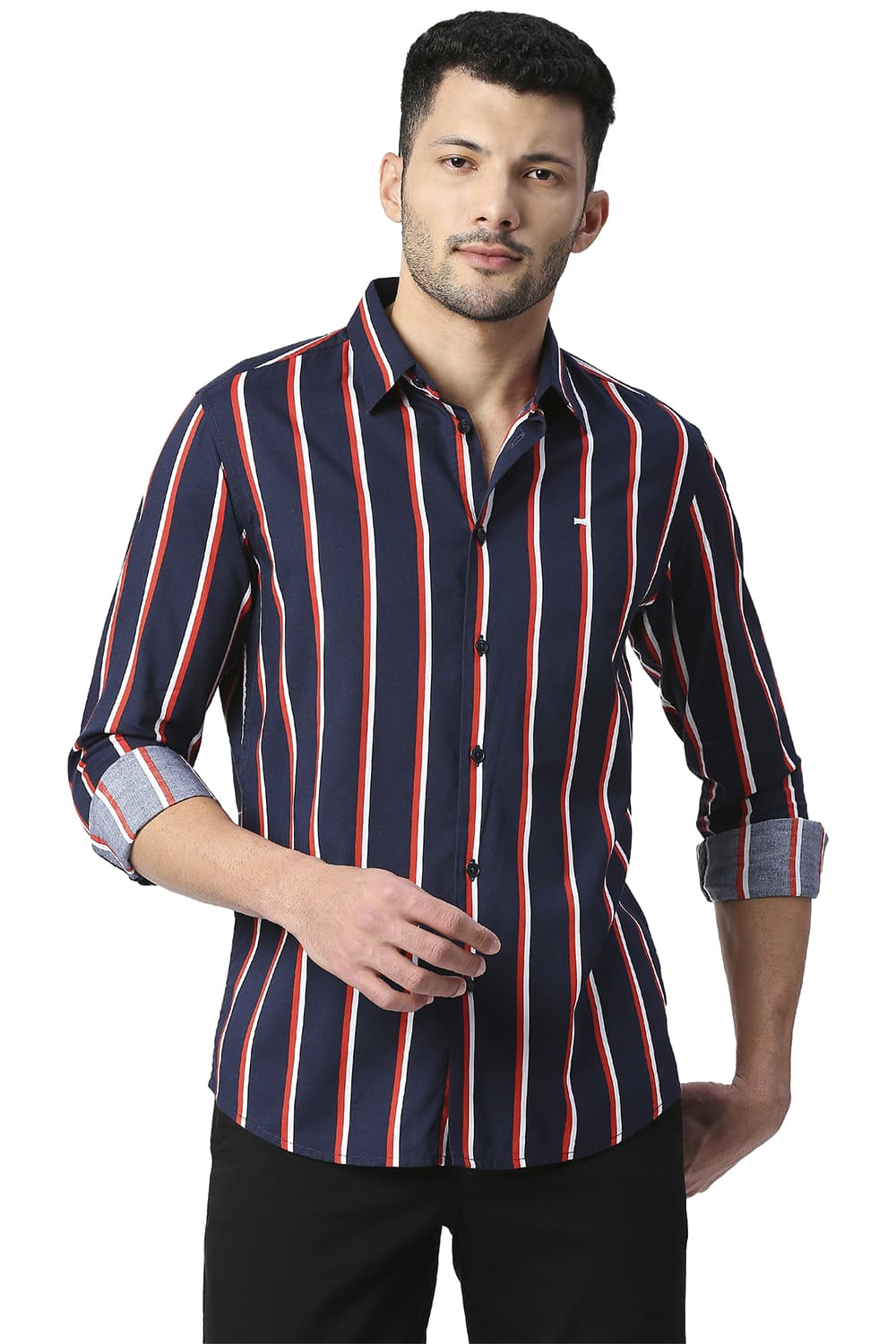 BASICS SLIM FIT COTTON VISCOSE PRINTED STRIPE SHIRT