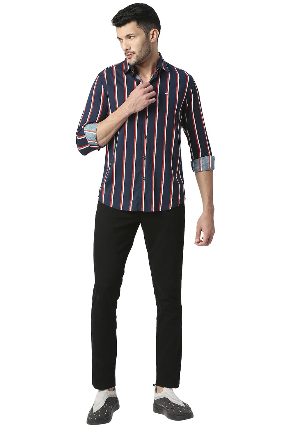 BASICS SLIM FIT COTTON VISCOSE PRINTED STRIPE SHIRT