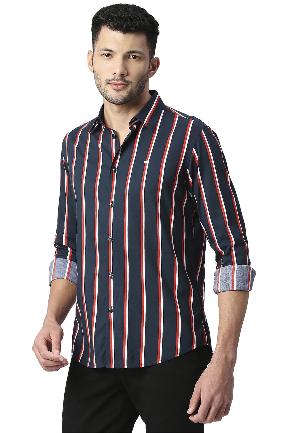 BASICS SLIM FIT COTTON VISCOSE PRINTED STRIPE SHIRT