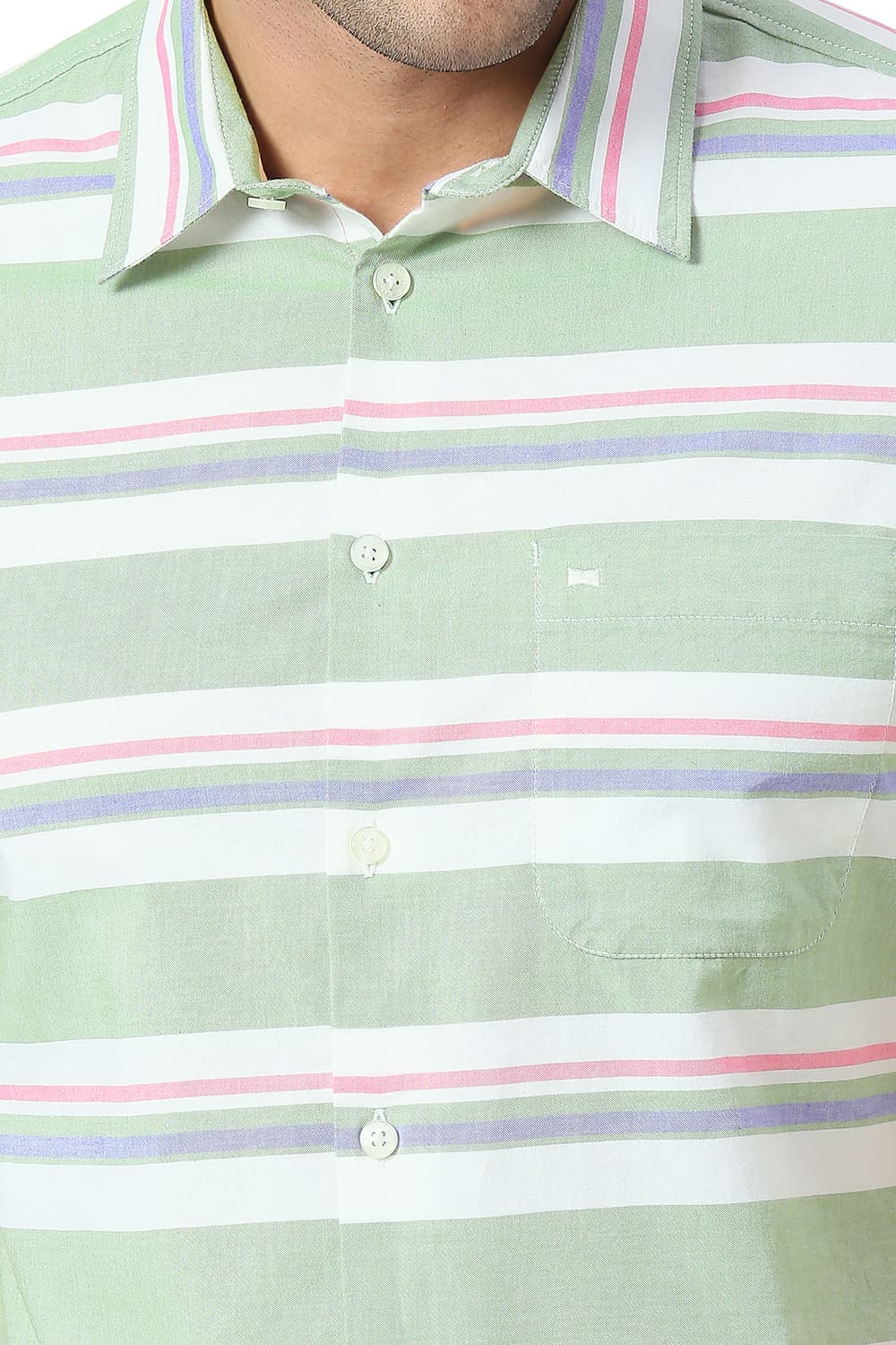 BASICS SLIM FIT COTTON OXFORD WEFT STRIPE HALFSLEEVES SHIRT