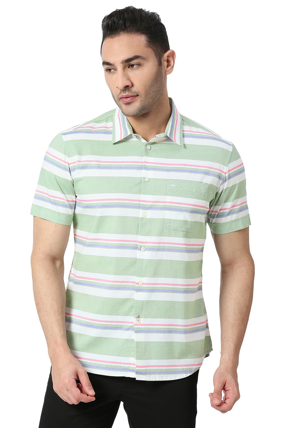 BASICS SLIM FIT COTTON OXFORD WEFT STRIPE SHIRT