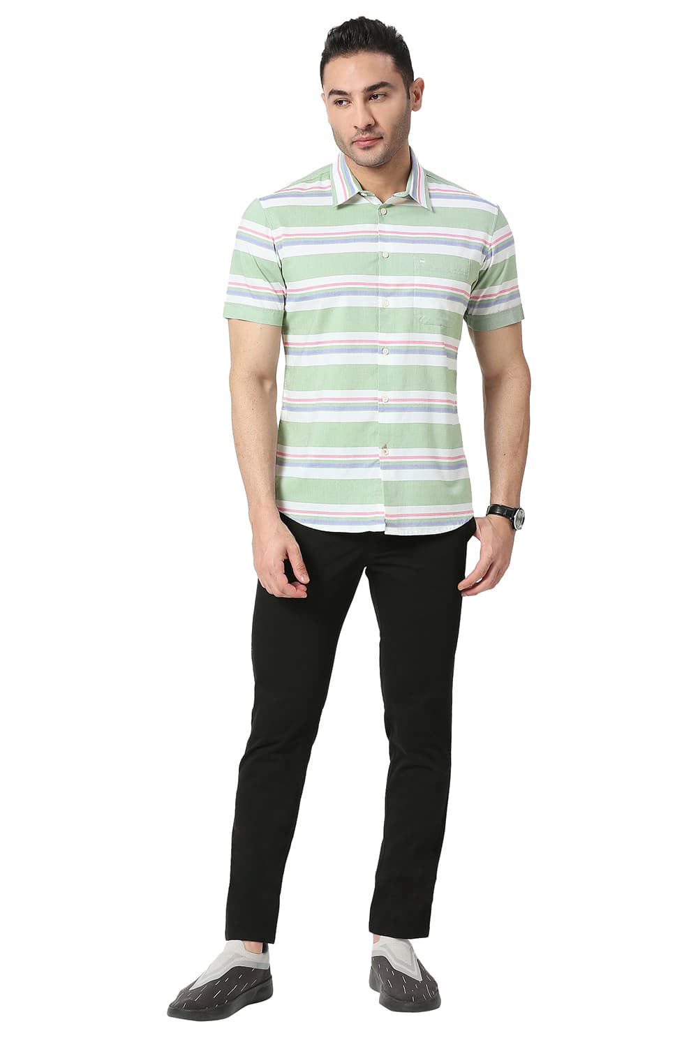 BASICS SLIM FIT COTTON OXFORD WEFT STRIPE HALFSLEEVES SHIRT