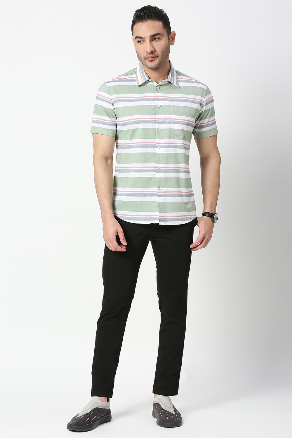 Slim Fit Cotton Oxford Weft Stripe Halfsleeves Shirt