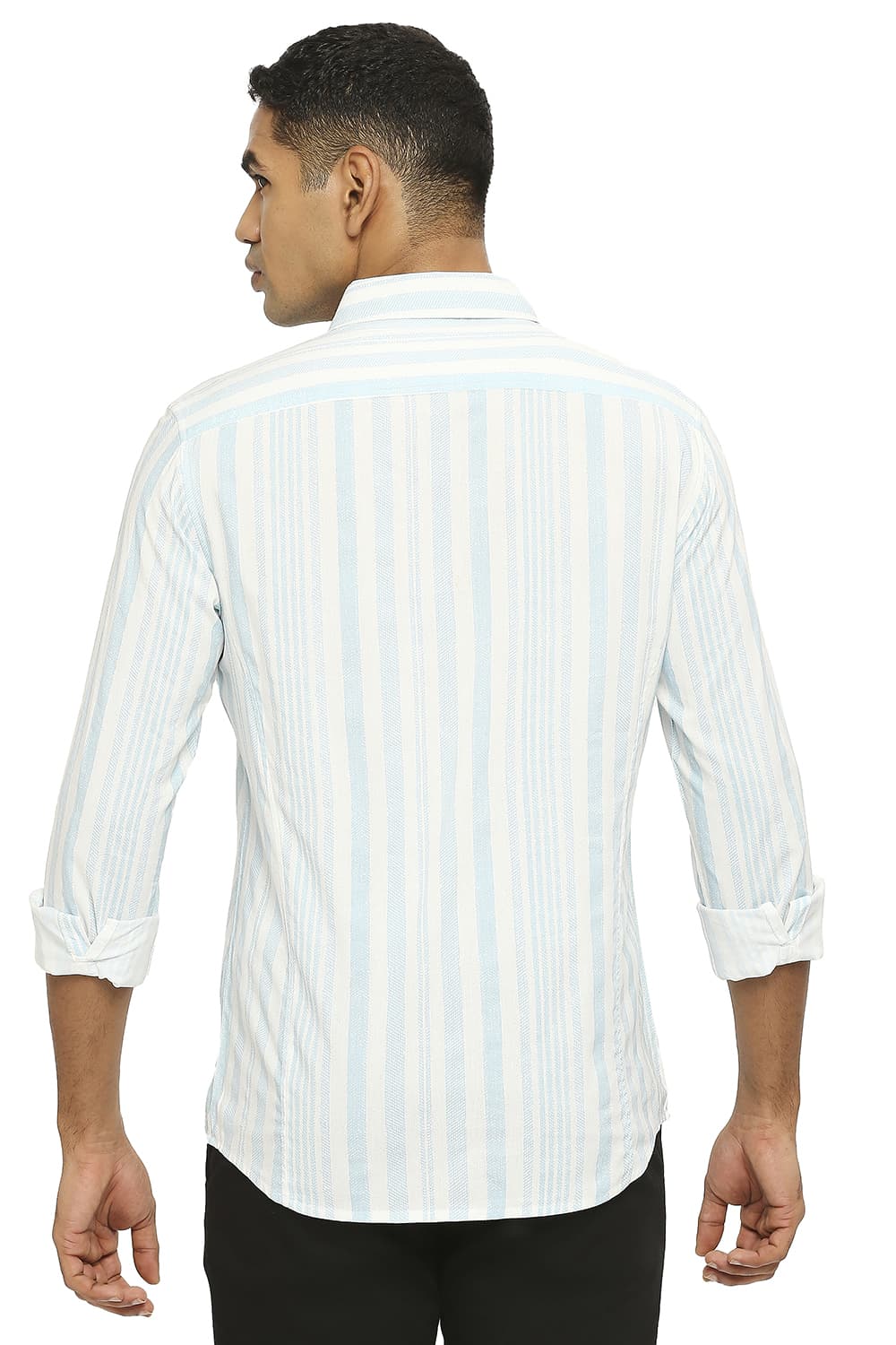 BASICS SLIM FIT COTTON VISCOSE PRINTED STRIPE SHIRT
