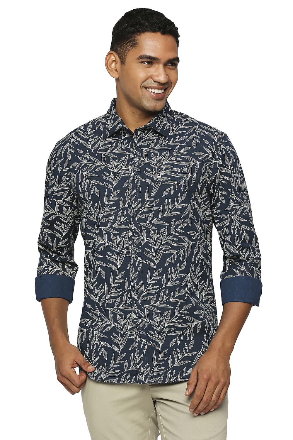 BASICS SLIM FIT COTTON POPLIN PRINTED SHIRT