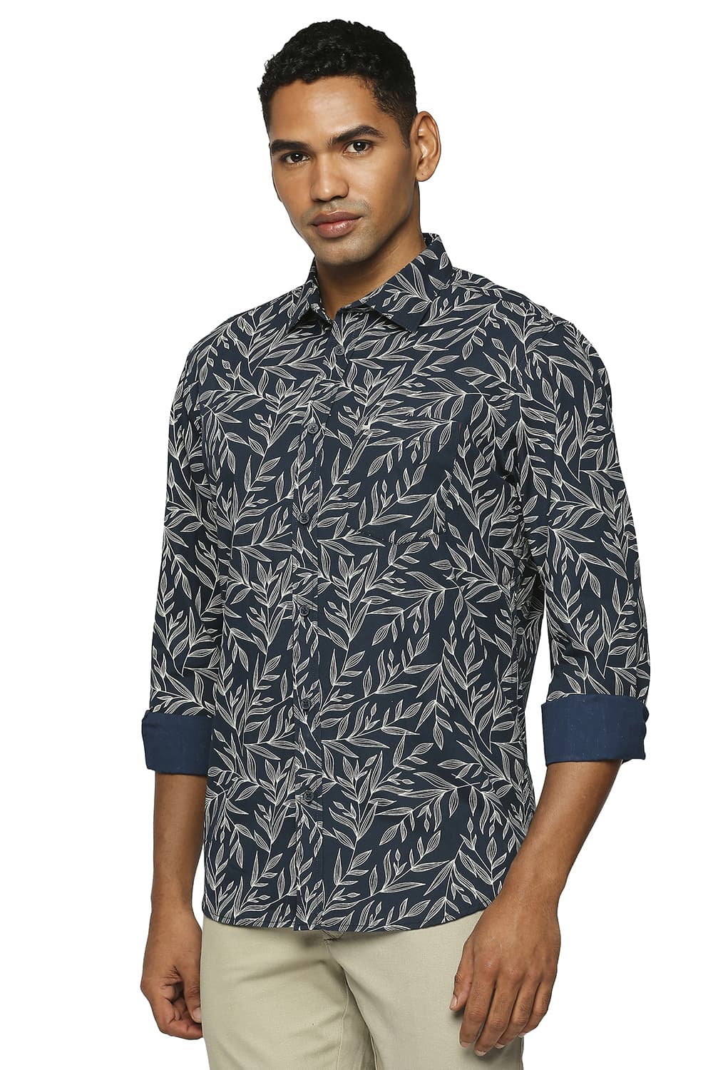 BASICS SLIM FIT COTTON POPLIN PRINTED SHIRT