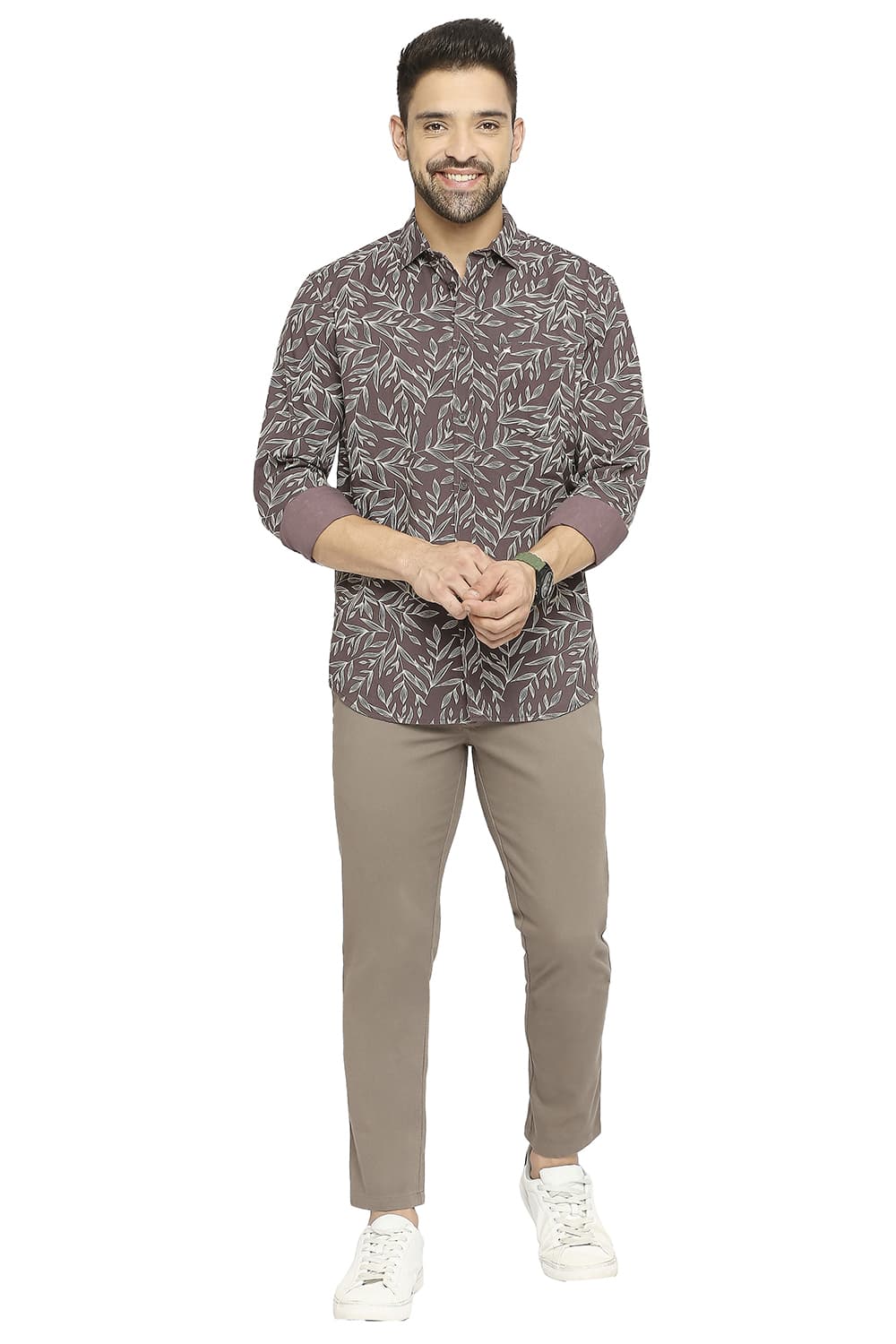 BASICS SLIM FIT COTTON POPLIN PRINTED SHIRT