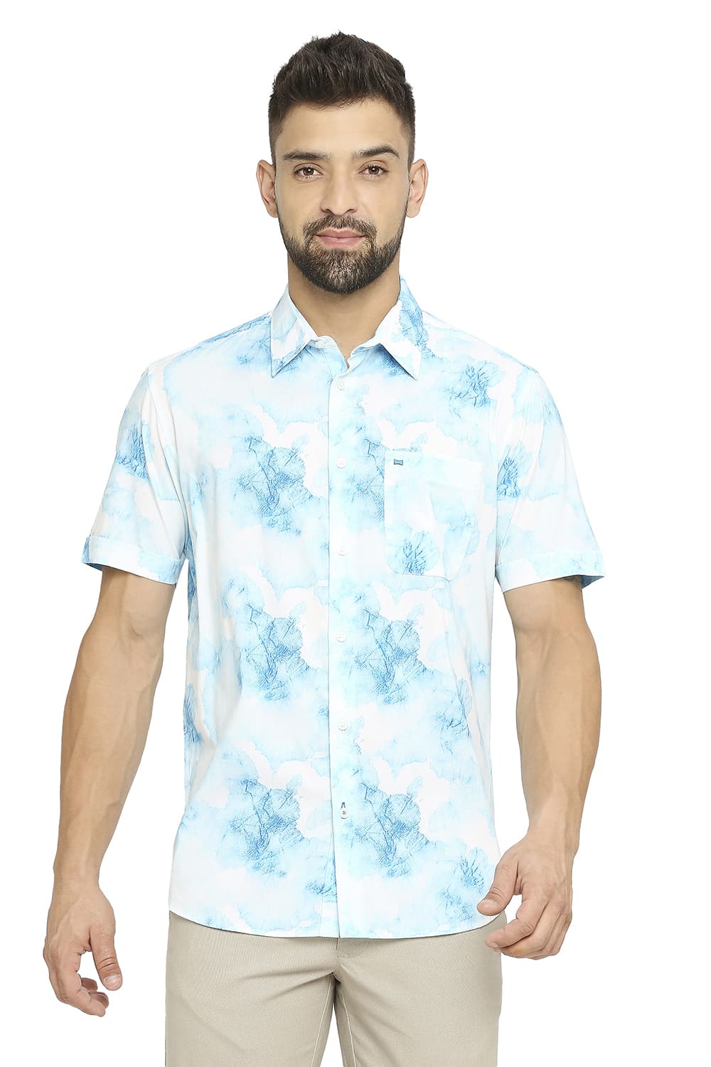 BASICS SLIM FIT COTTON VISCOSE PRINTED SHIRT
