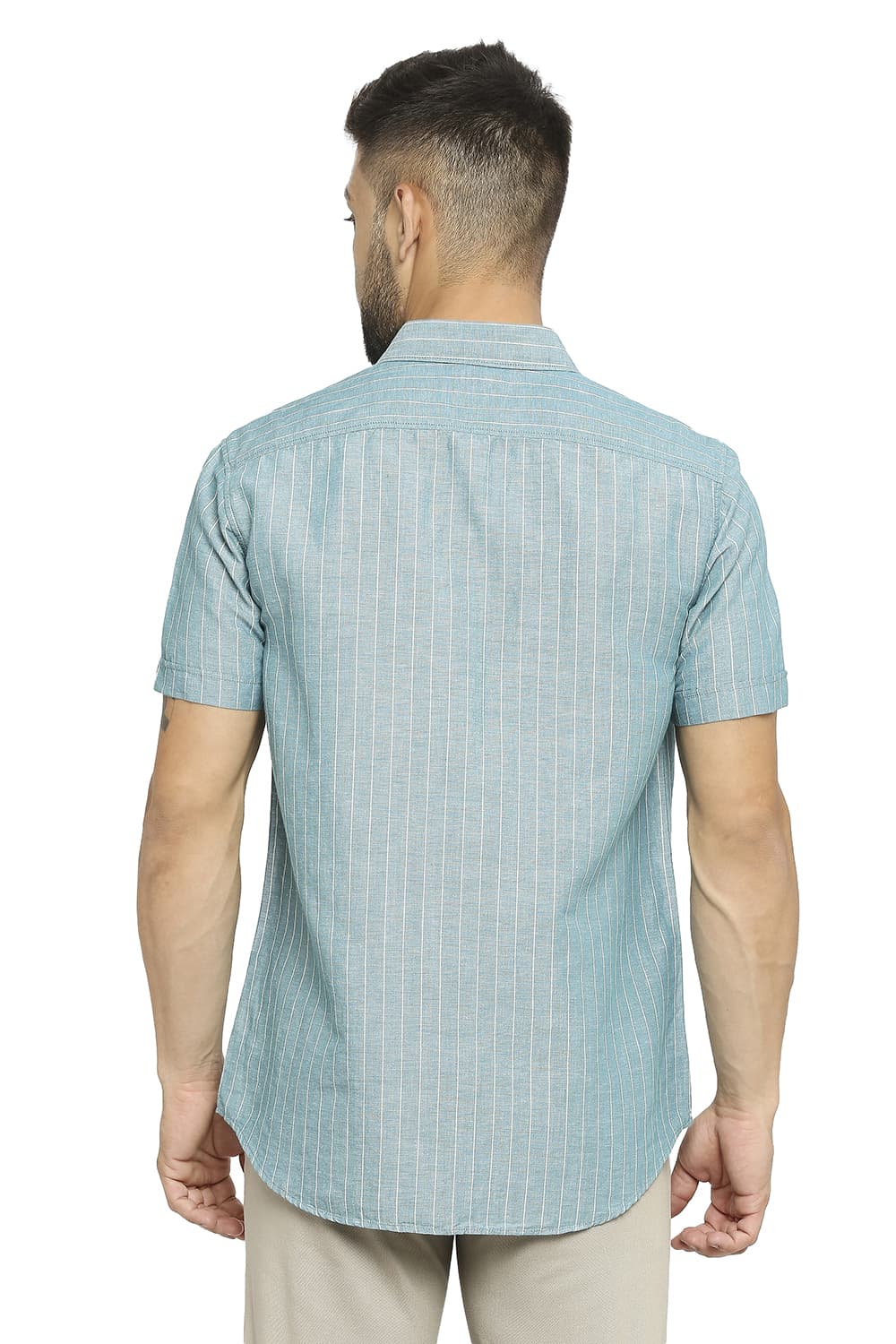 BASICS SLIM FIT COTTON LINEN STRIPE HALFSLEEVES SHIRT