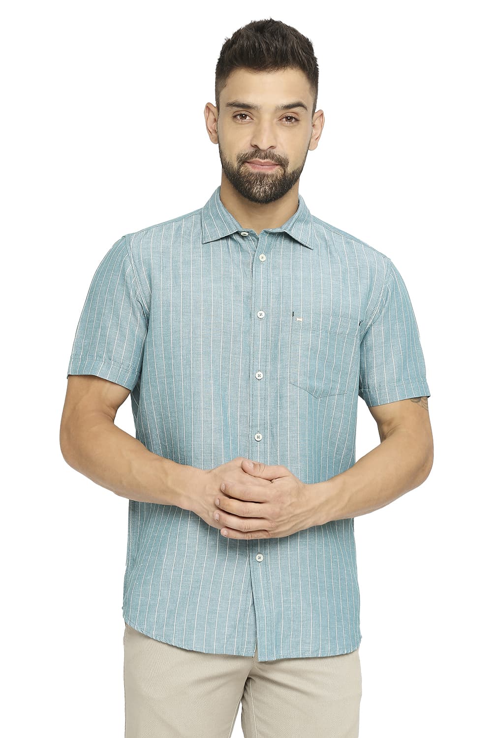 BASICS SLIM FIT COTTON LINEN STRIPE SHIRT
