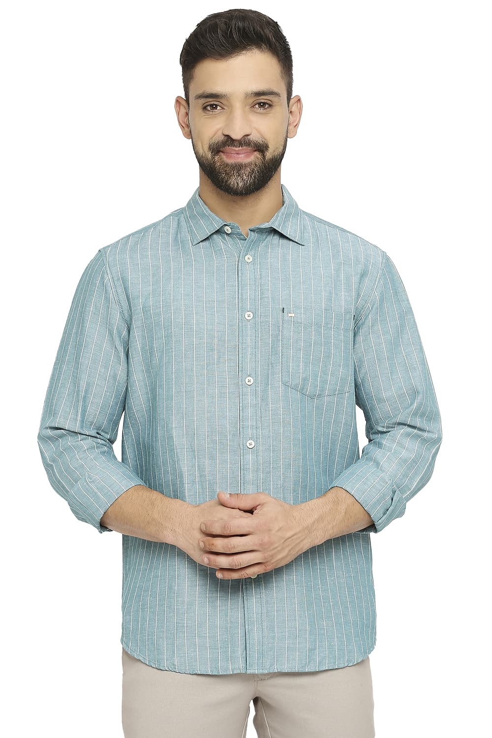 BASICS SLIM FIT COTTON LINEN STRIPE SHIRT