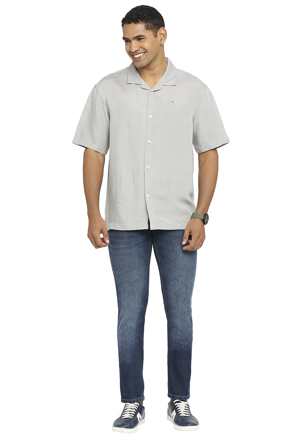 BASICS RELAXED FIT LINEN VISCOSE HALFSLEEVES SHIRT