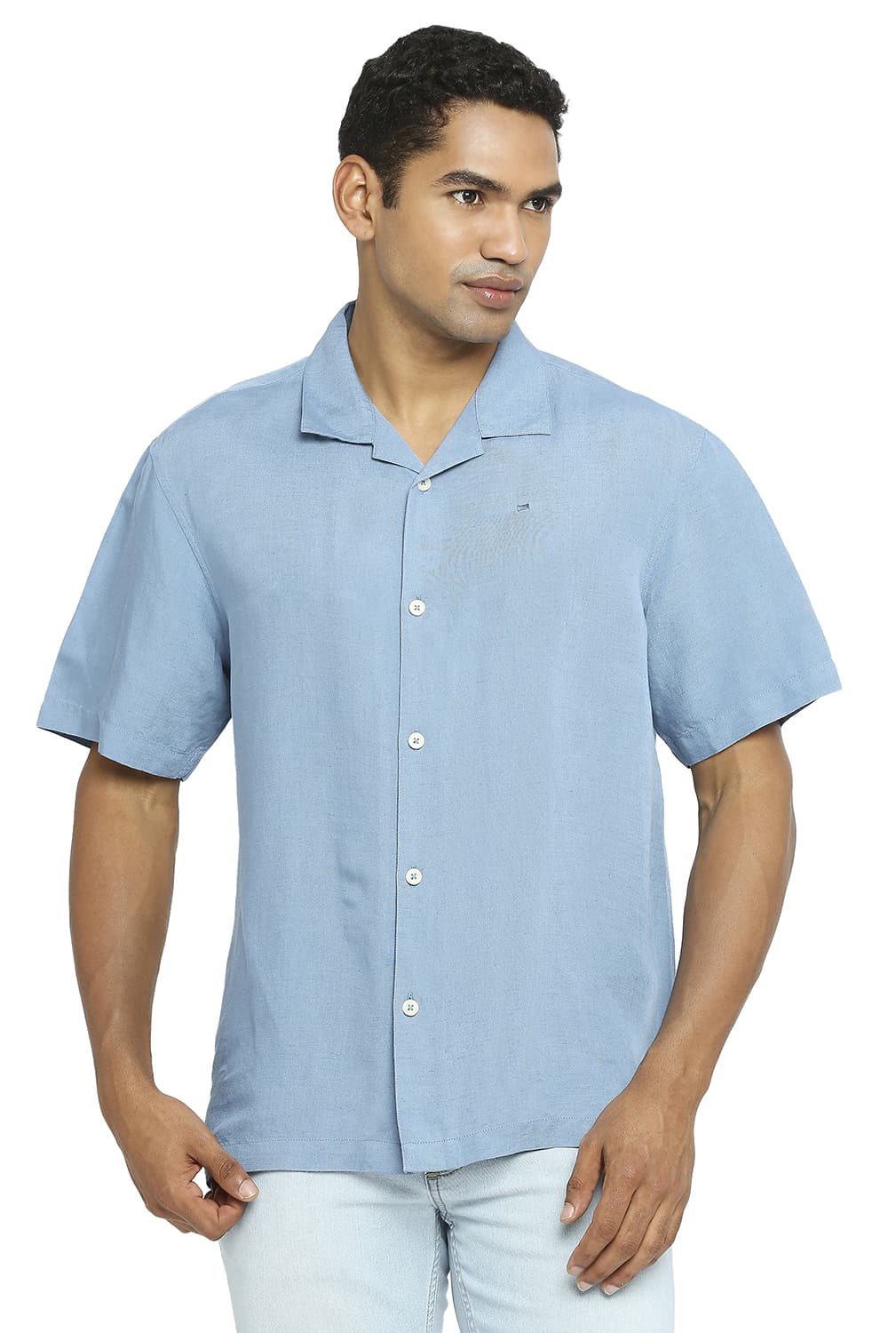 BASICS RELAXED FIT LINEN VISCOSE HALFSLEEVES SHIRT