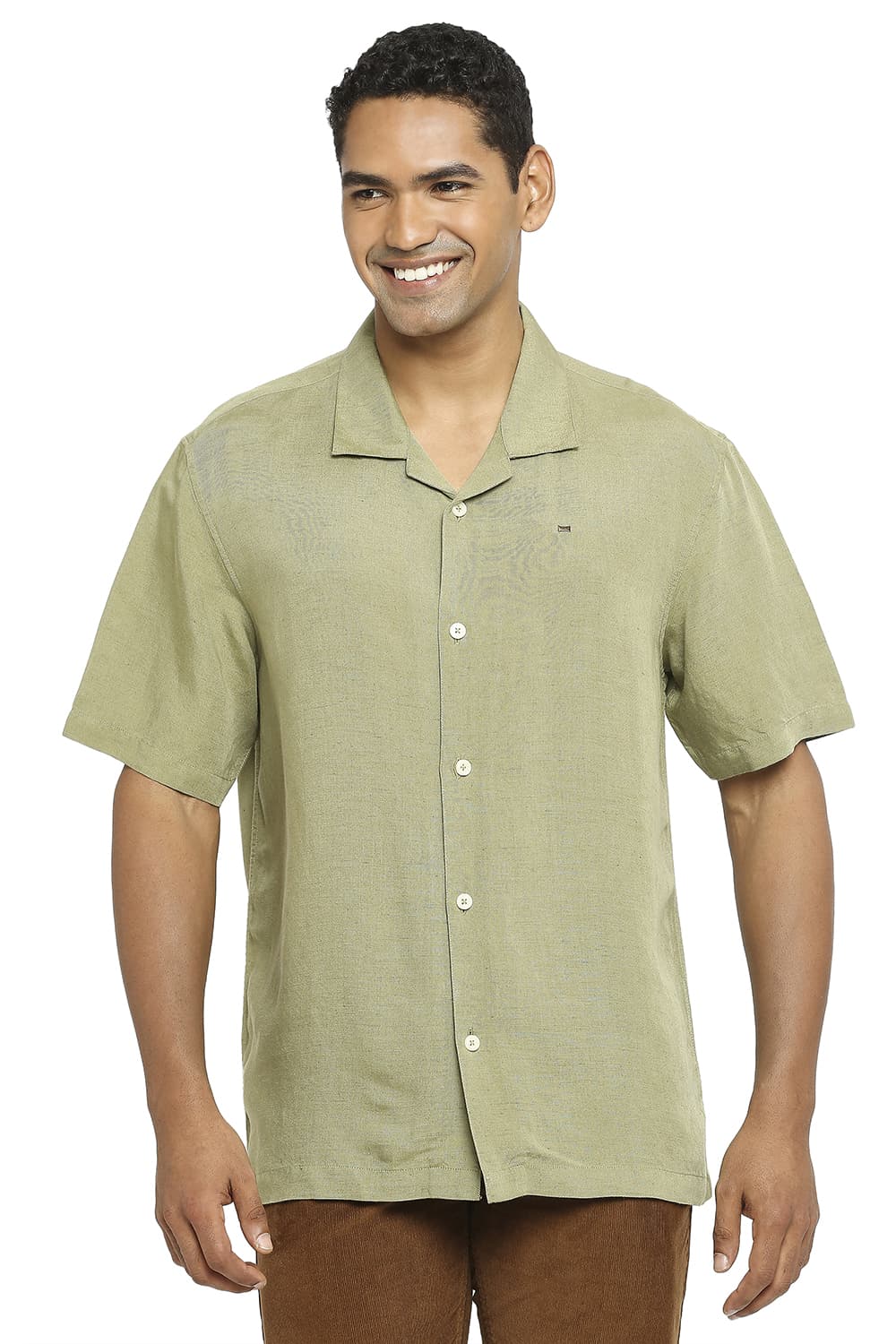 BASICS RELAXED FIT LINEN VISCOSE HALFSLEEVES SHIRT