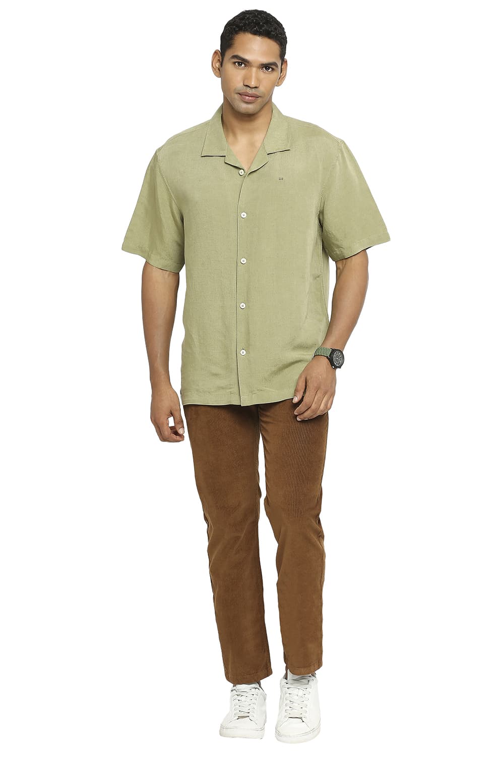 BASICS RELAXED FIT LINEN VISCOSE HALFSLEEVES SHIRT