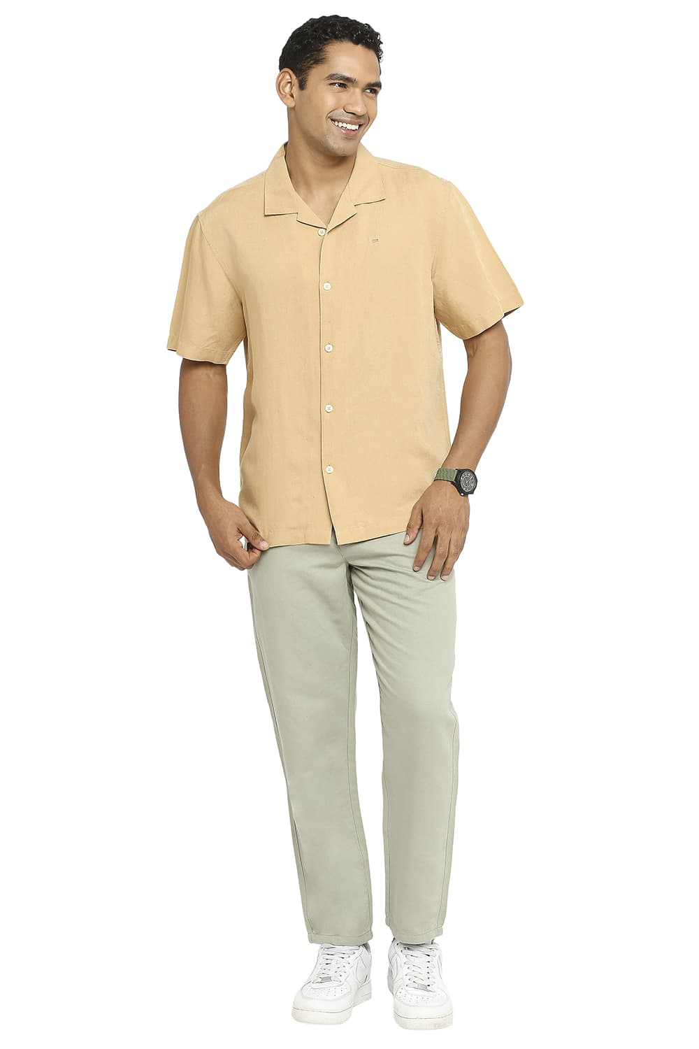 BASICS RELAXED FIT LINEN VISCOSE HALFSLEEVES SHIRT