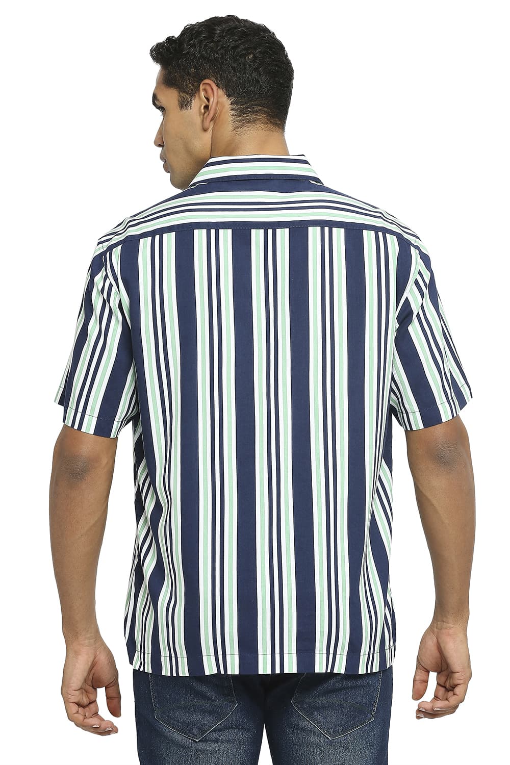 BASICS RELAXED FIT COTTON VISCOSE PRINTED STRIPE HALFSLEEVES SHIRT