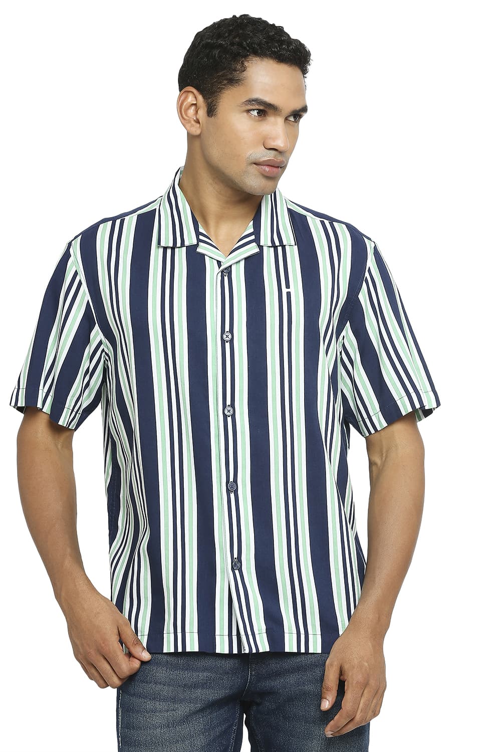 BASICS RELAXED FIT COTTON VISCOSE PRINTED STRIPE SHIRT