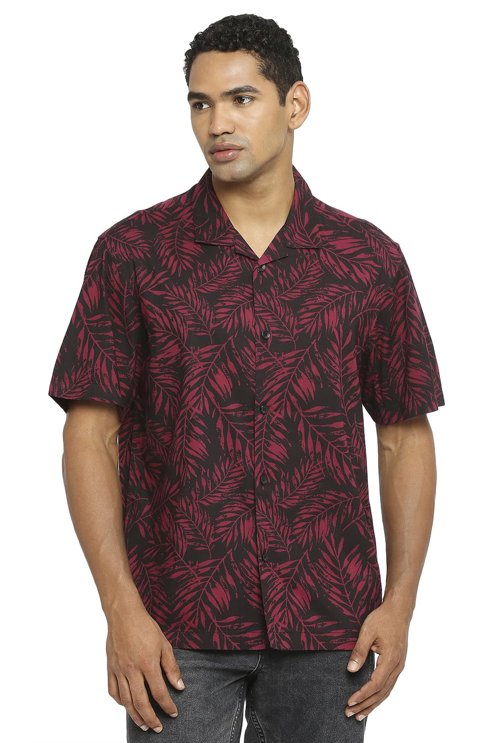 BASICS RELAXED FIT COTTON VISCOSE PRINTED SHIRT