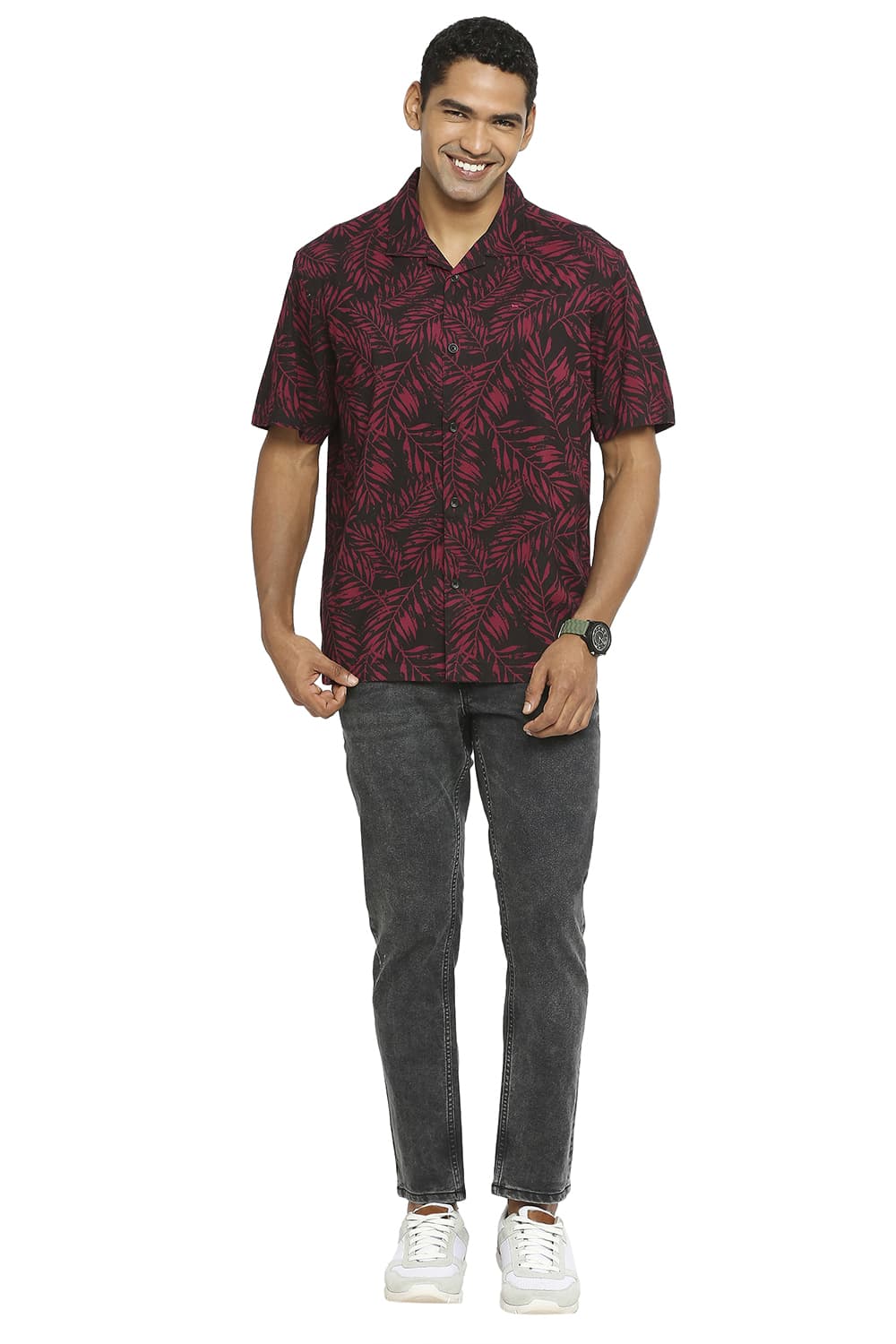 BASICS RELAXED FIT COTTON VISCOSE PRINTED HALFSLEEVES SHIRT