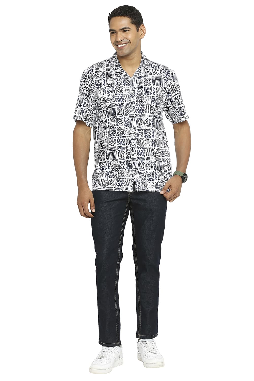 BASICS RELAXED FIT TENCEL PRINTED HALFSLEEVES SHIRT