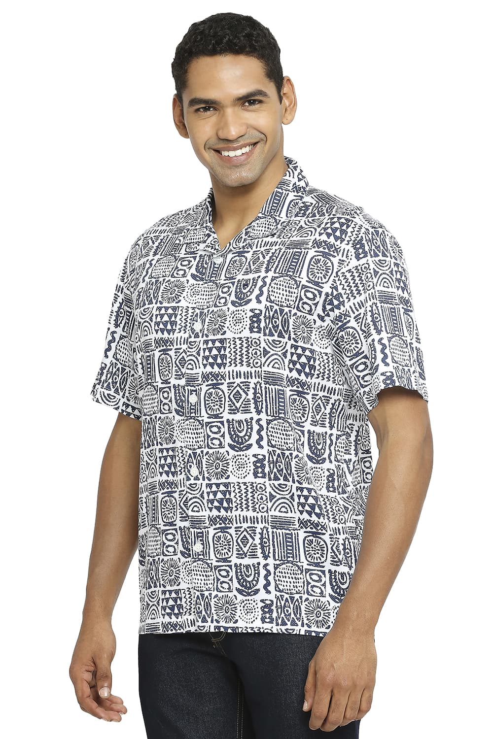 BASICS RELAXED FIT TENCEL PRINTED HALFSLEEVES SHIRT