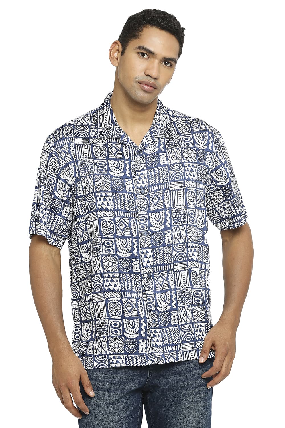 BASICS RELAXED FIT TENCEL PRINTED HALFSLEEVES SHIRT