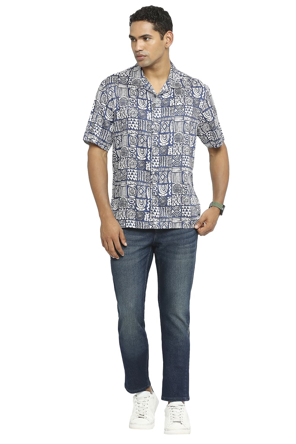 BASICS RELAXED FIT TENCEL PRINTED HALFSLEEVES SHIRT