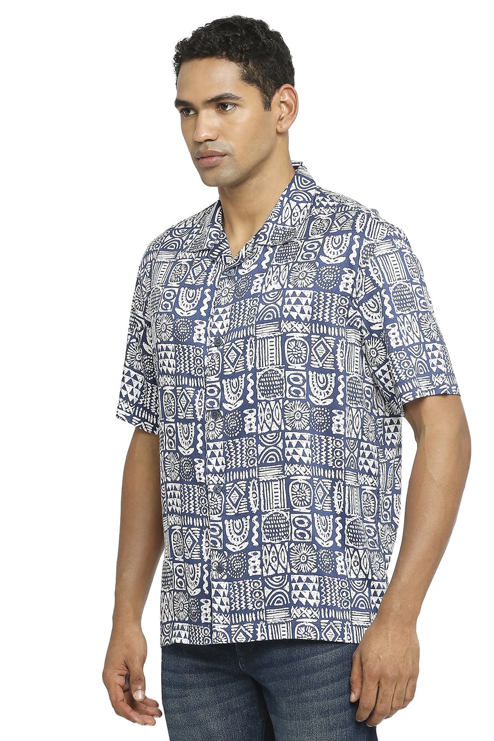 BASICS RELAXED FIT TENCEL PRINTED HALFSLEEVES SHIRT