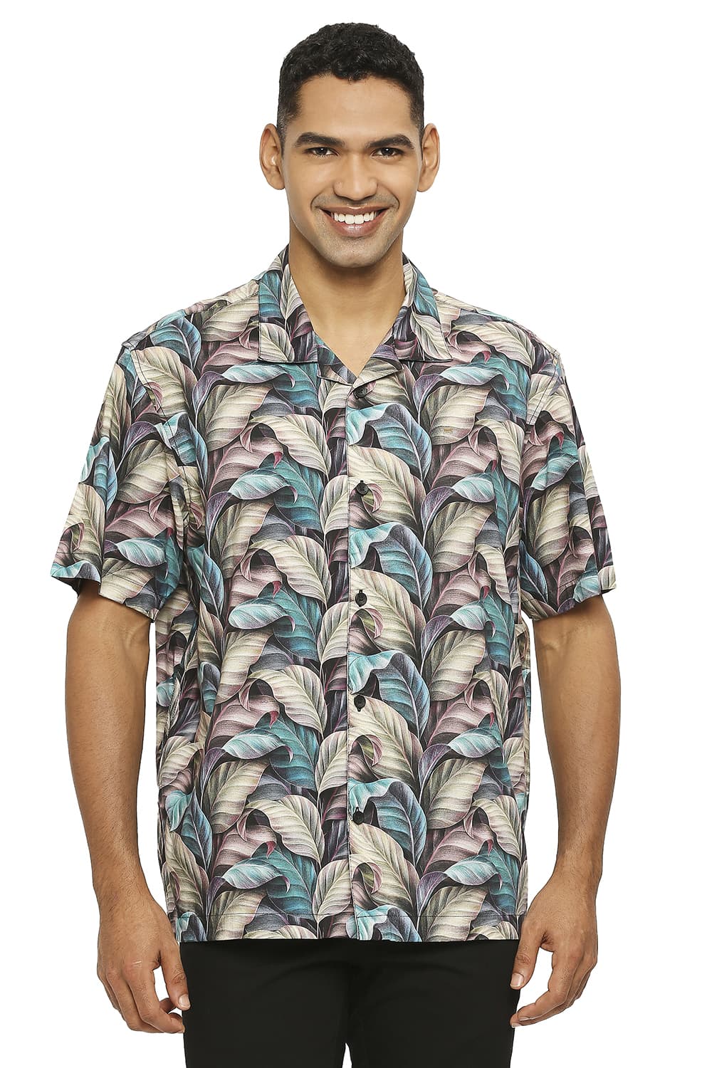 BASICS RELAXED FIT COTTON VISCOSE PRINTED SHIRT