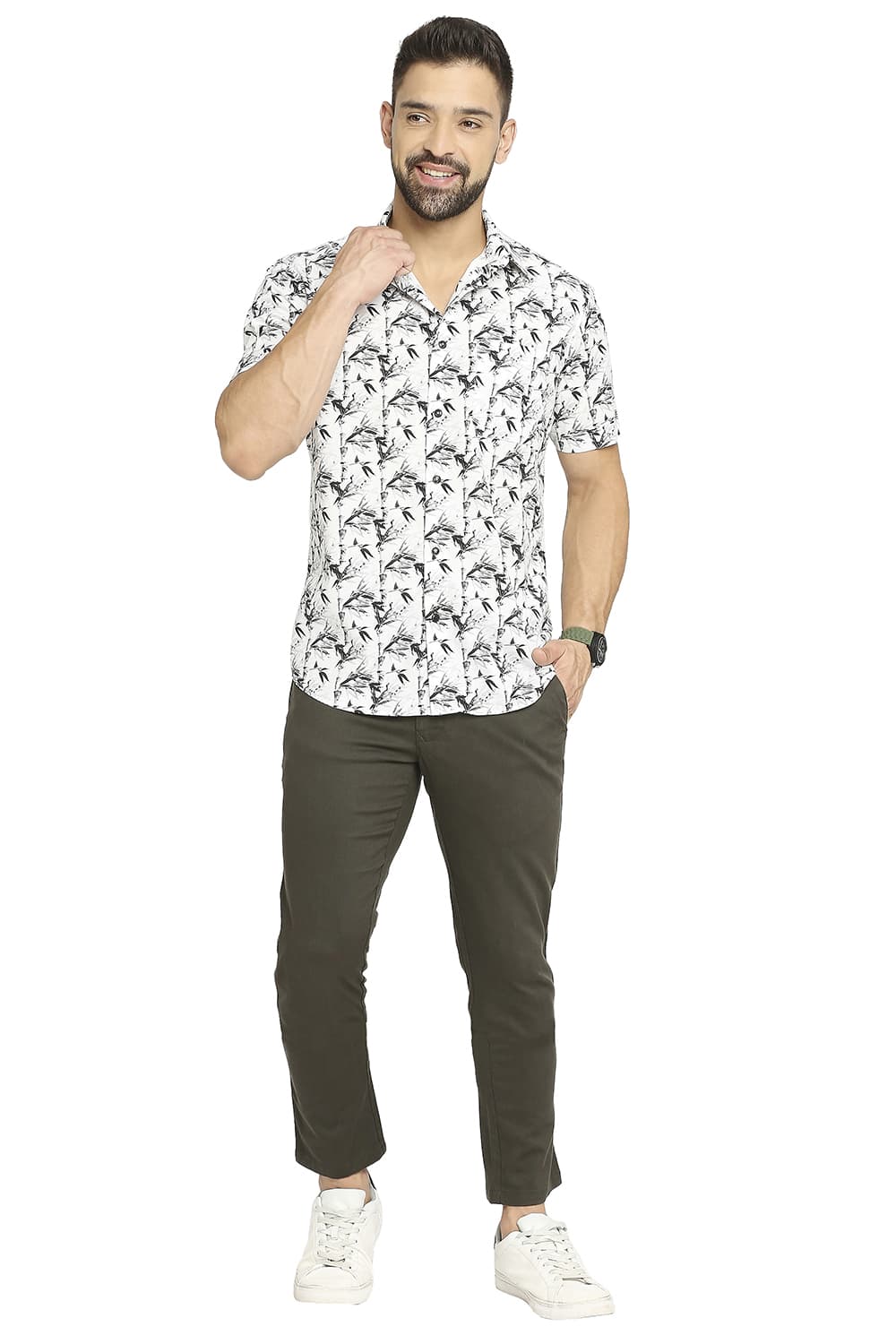 BASICS TAPERED FIT COTTON STRETCH DOBBY TROUSERS