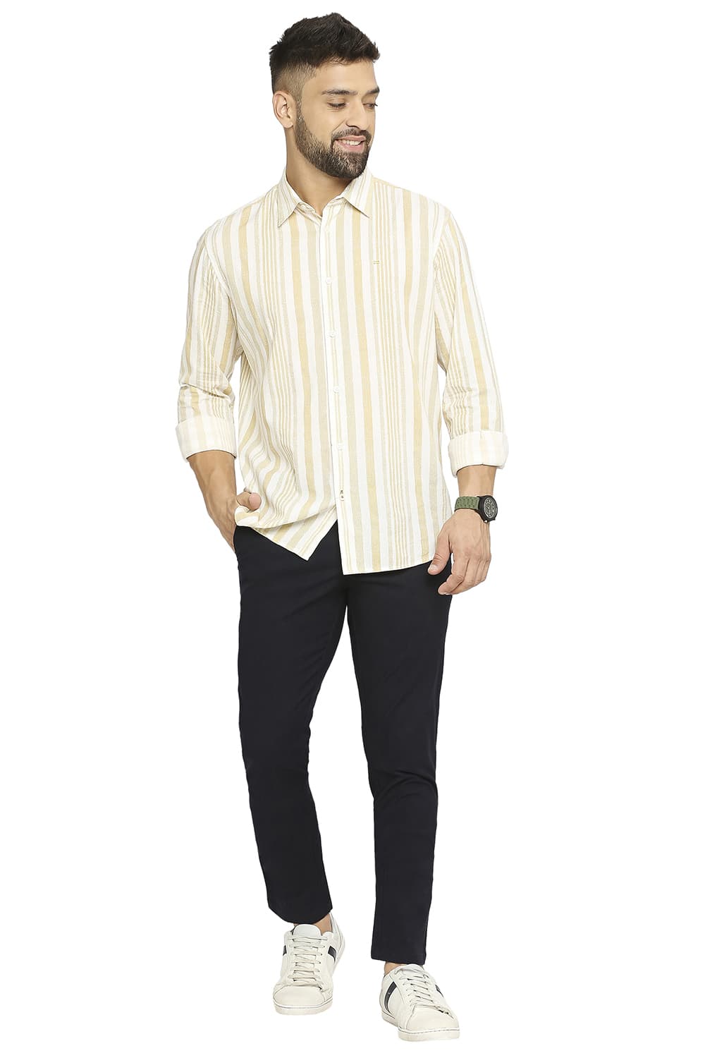 BASICS TAPERED FIT COTTON STRETCH DOBBY TROUSERS