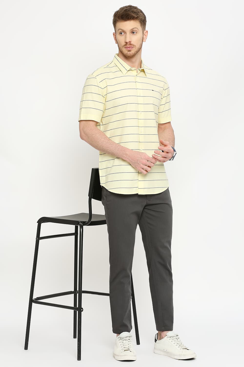 Slim Fit Cotton Twill Weft Stripes Halfsleeves Shirt