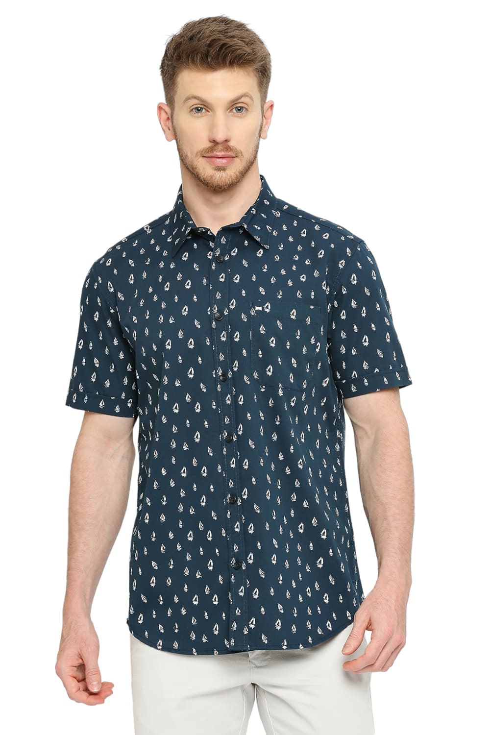 BASICS SLIM FIT COTTON POLYESTER CAVALRY PRINTED SHIRT