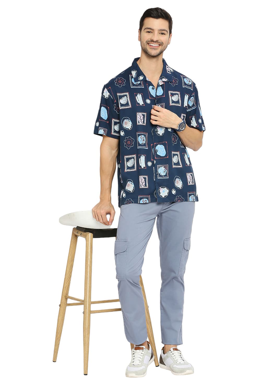 BASICS RELAXED FIT TENCEL PRINTED HALFSLEEVES SHIRT