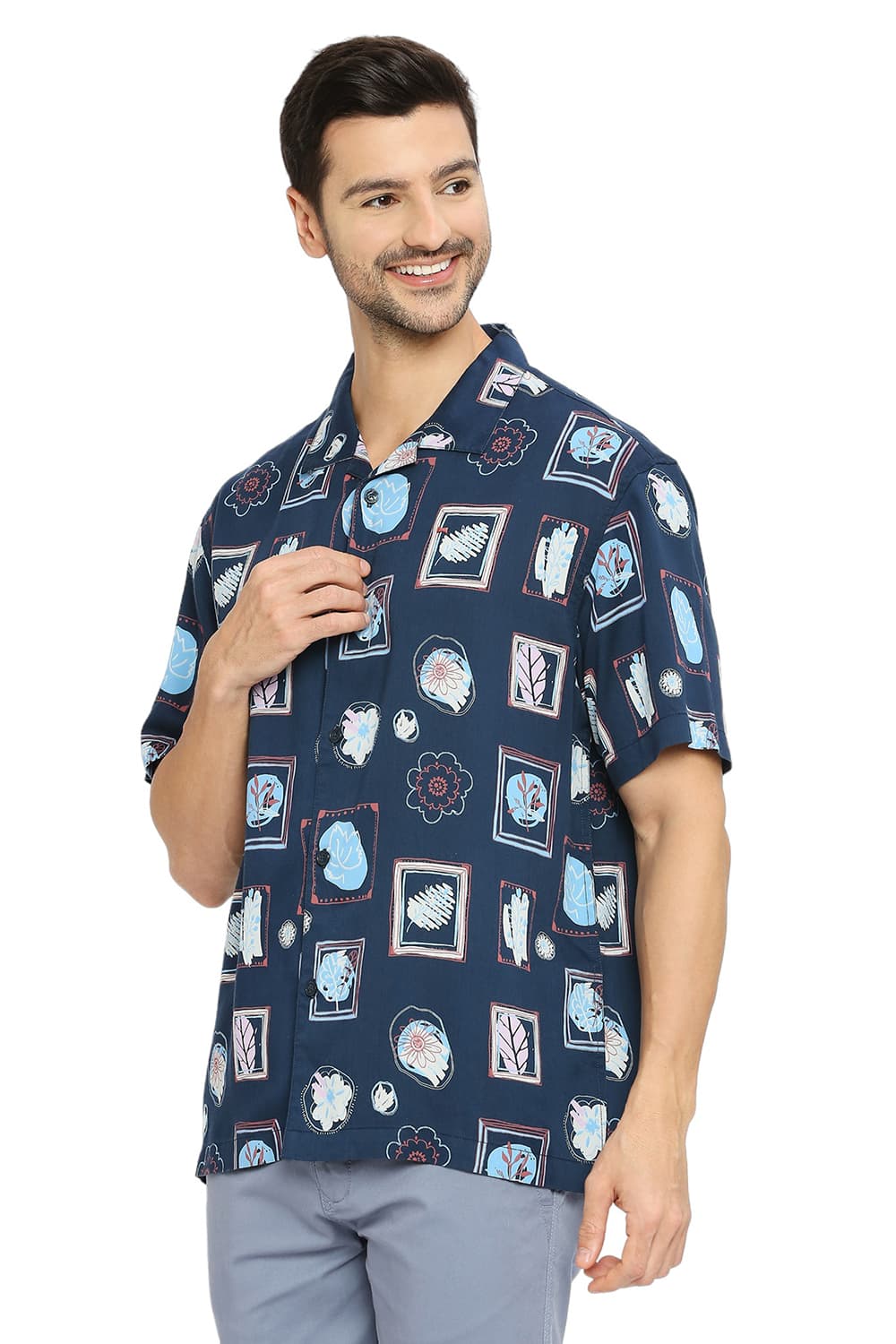 BASICS RELAXED FIT TENCEL PRINTED HALFSLEEVES SHIRT